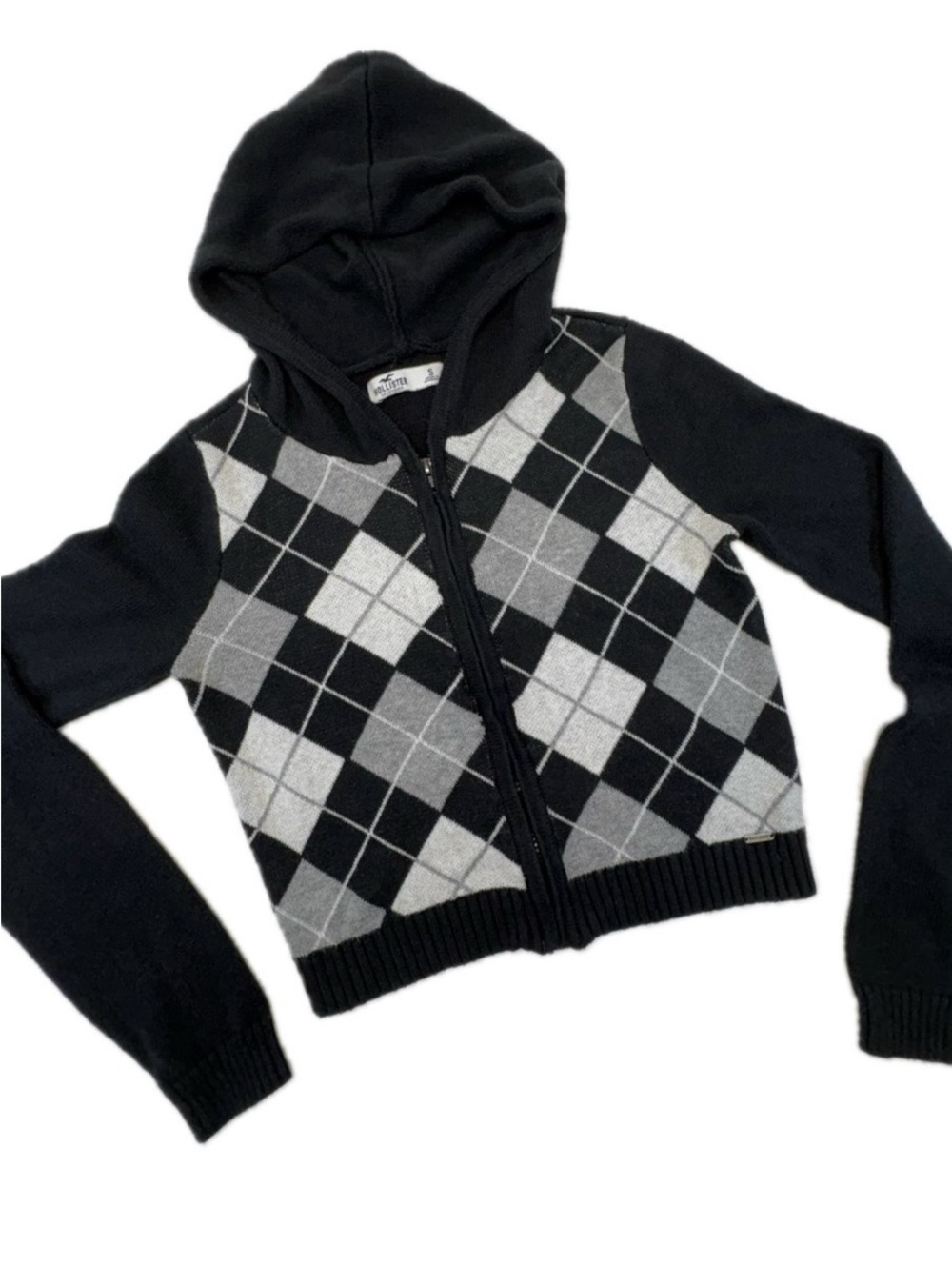 Hollister Co Men's Small Grey Argyle Full Zip Knit Hoodie Sweater S